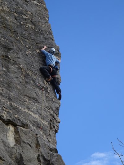 Unknown climber on the classic 6b, Stand Out Arete