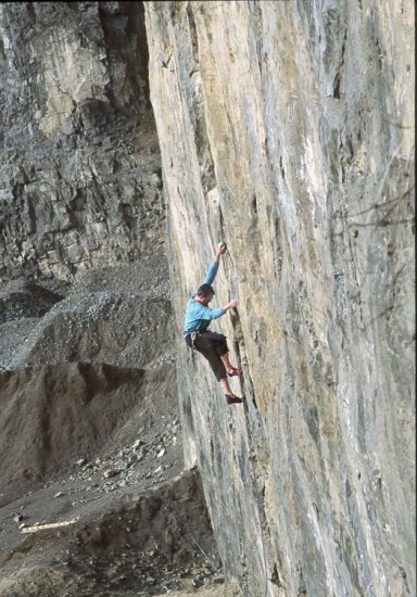 Gary Gibson on the first ascent of Total Pants (7b).